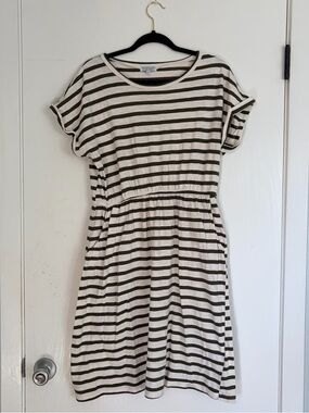 Casual Striped Midi Dress in Olive & Cream - Lightweight Everyday Style